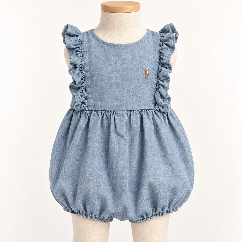 Ralph Lauren Baby Girl 18M Indigo Chambray Ruffle Bubble Romper Pony